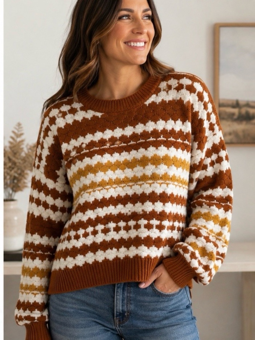 Cupshe Rust, Cream & Mustard Fair Isle Crewneck Sweater